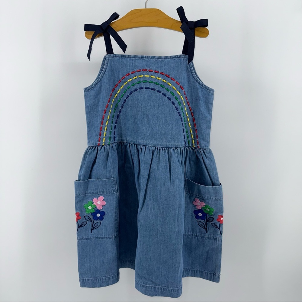 Hanna Andersson Rainbow Flower Embroidered Blue Denim Chambray Dress